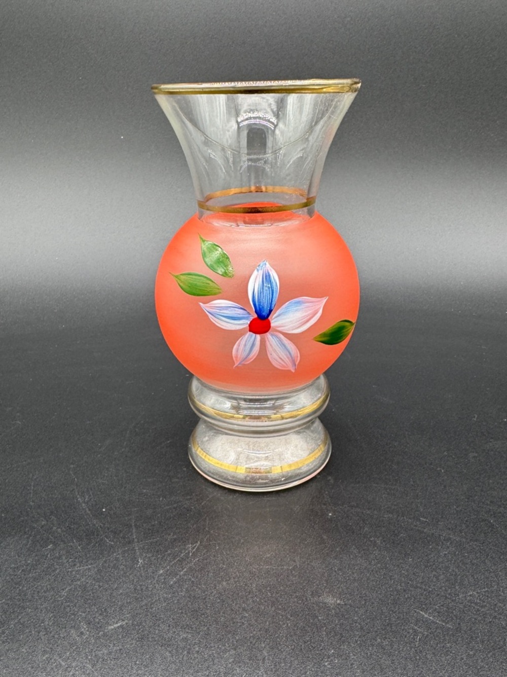 Vintage Bartlett Collins Glass Bud Vase Pink with White Flower and Gold Trim